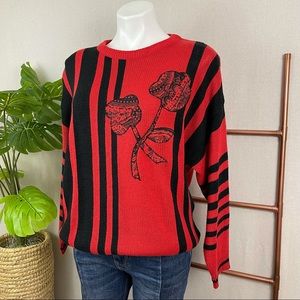 Vintage Koret Red & Black Stripe Crewneck Sweater (Sz XLarge)